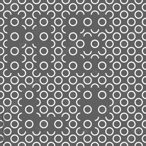 Vector illustration. Geometric seamless pattern. Contour circle and semicircle in the form of a rhombus. Spotted gray - white background. Simple abstract background with polka dots.