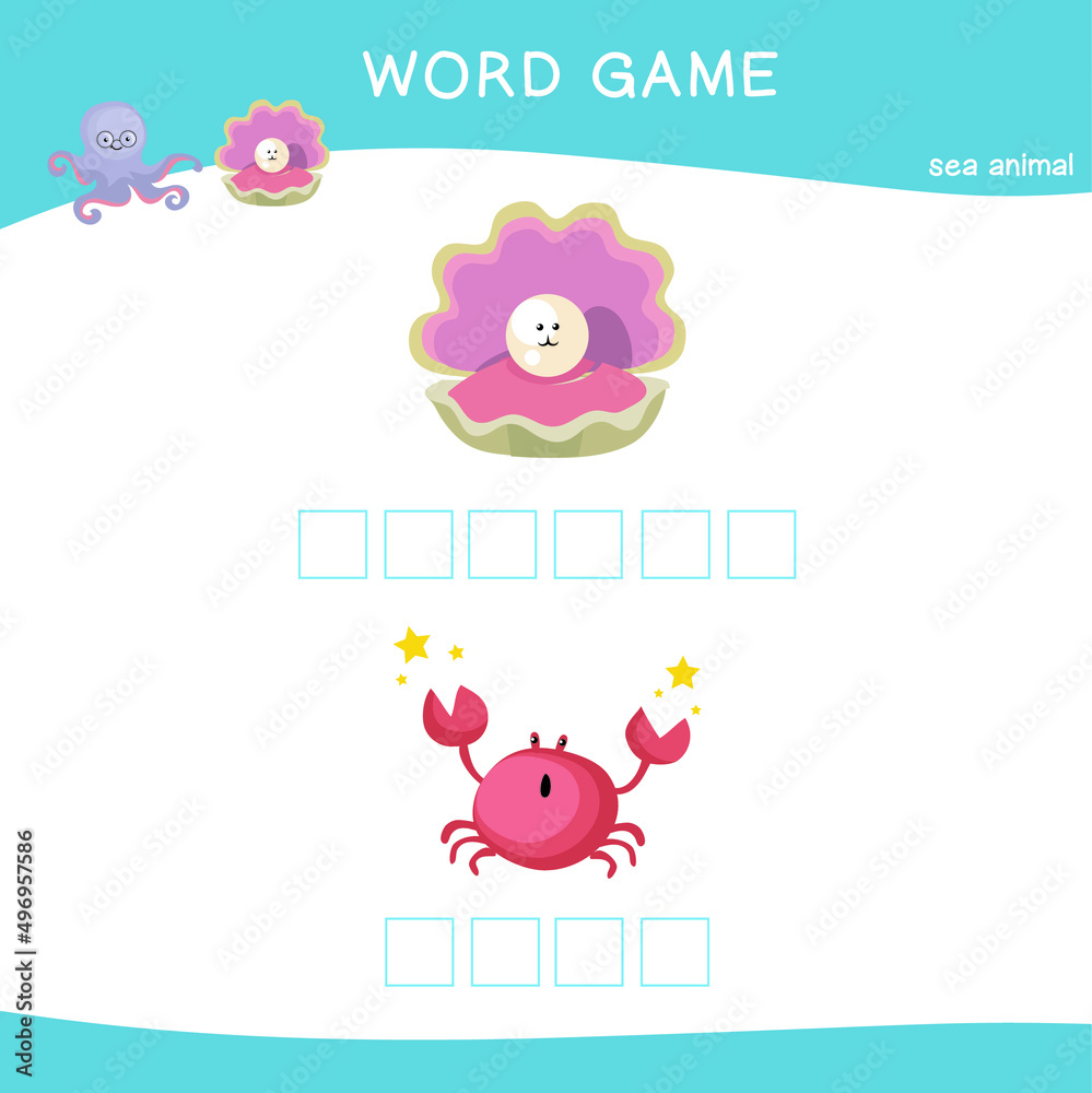 Fototapeta premium Word game worksheet. Complete animals name worksheet. Preschool worksheet. Educational spelling printable game worksheet. Vector illustration.