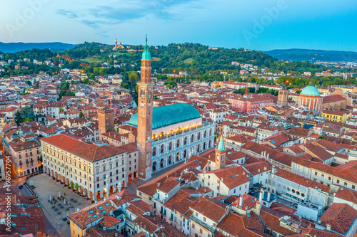 Sunrise aerial view of Basilica Palladiana at the Piazza dei Signori square in the Italian town Vicenza