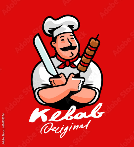 Funny Chef cooking kebab cartoon character. Arabic cuisine logo. Fast food menu emblem