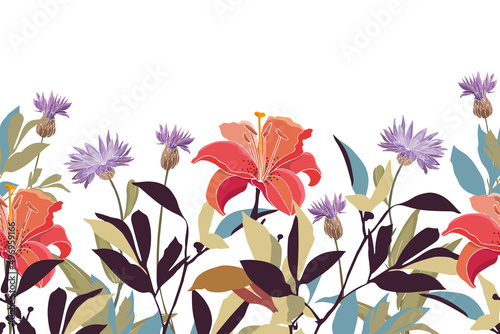 Vector floral seamless pattern, border. Horizontal panoramic illustration with red and purple lilies and cornflowers.