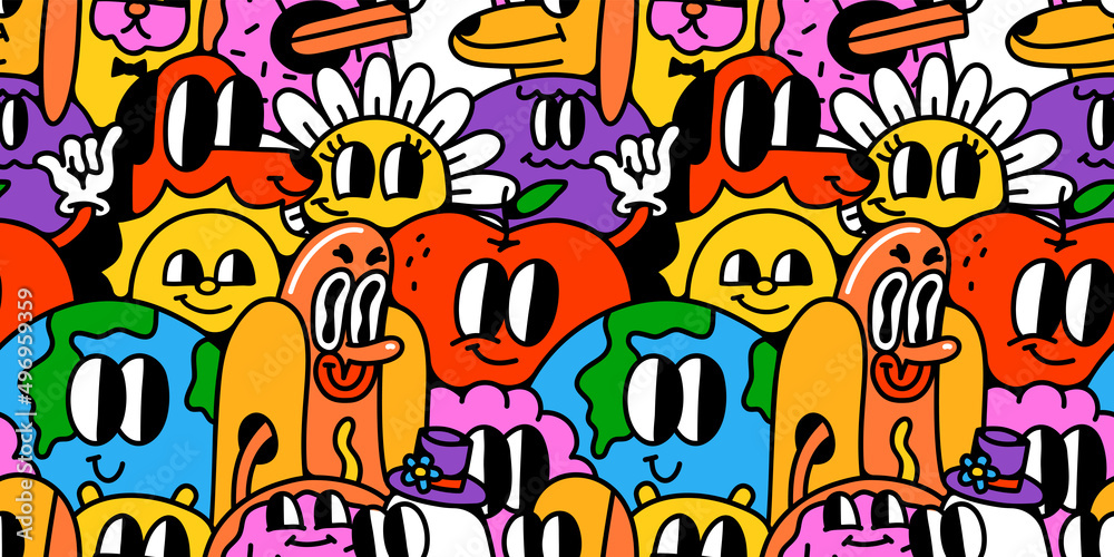 Funny trendy retro cartoon character crowd seamless pattern set. Vintage happy characters background in comic rubber hose art style.