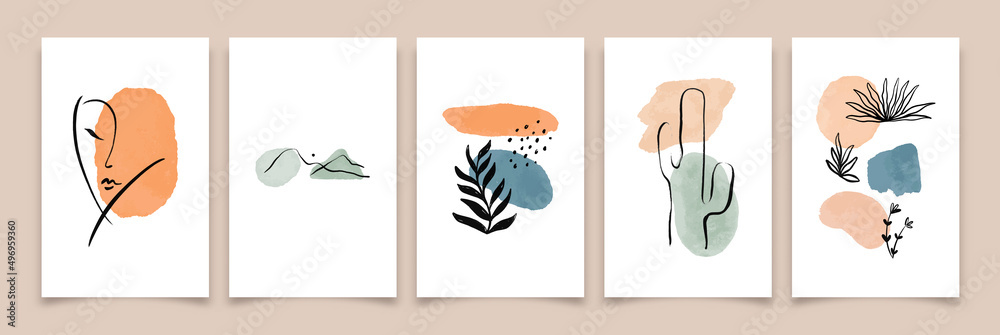 Modern abstract organic neutral shape template background collection. Fine line nature design set of vertical phone banner illustrations with tropical plant leaf.