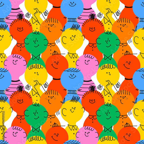 Diverse colorful children people crowd seamless pattern illustration. Multi color little kid cartoon characters in funny childish doodle style. Friendly community or school student background concept. © Dedraw Studio