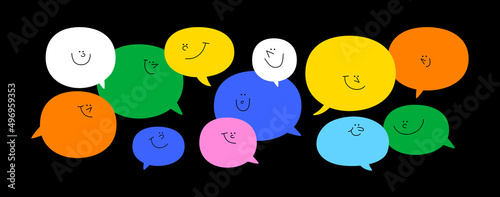Diverse colorful chat bubble character illustration set. Multi color rainbow cartoon text balloon collection in funny children doodle style. Friendly team work or group conversation concept.