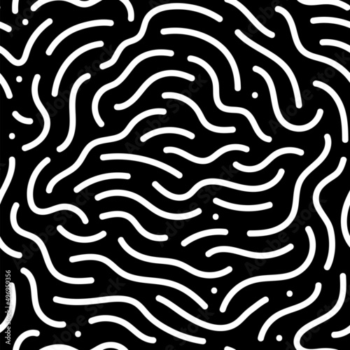 Black and white line doodle seamless pattern. Creative minimalist style art background, trendy design with basic shapes. Modern abstract monochrome backdrop.