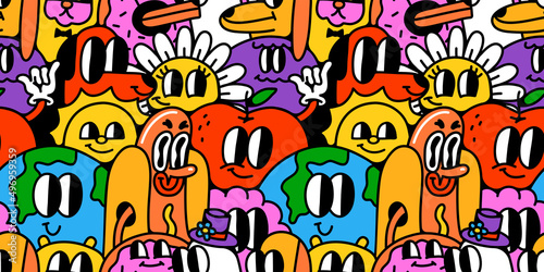 Funny trendy retro cartoon character crowd seamless pattern set. Vintage happy characters background in comic rubber hose art style.