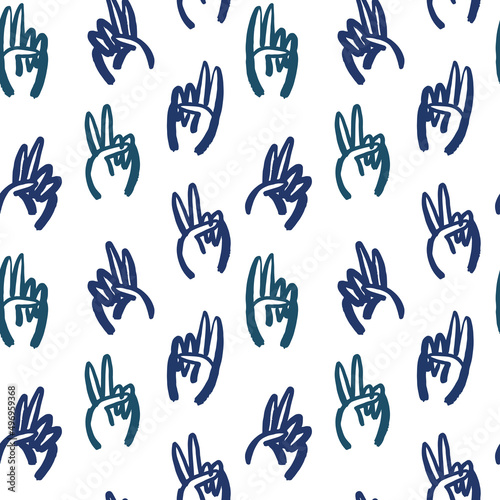 Funny peace sign hand cartoon doodle seamless pattern. Modern illustration background of people hands with two fingers up.
