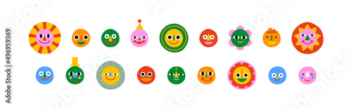 Set of cute happy faces in funny colorful children illustration style . Flat cartoon people head collection for education concept or kid project.