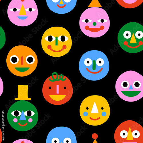 Cute happy face seamless pattern  in funny colorful children illustration style. Flat cartoon people head background for education concept or kid project.