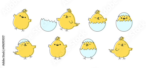 Easter chick vector icon, cartoon chicken baby and egg, cute little bird, yellow funny animal set isolated on white background. Simple drawing illustration