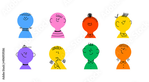 Set of cute happy children people faces in funny colorful illustration style. Flat cartoon toddler head collection for education concept or kid project.