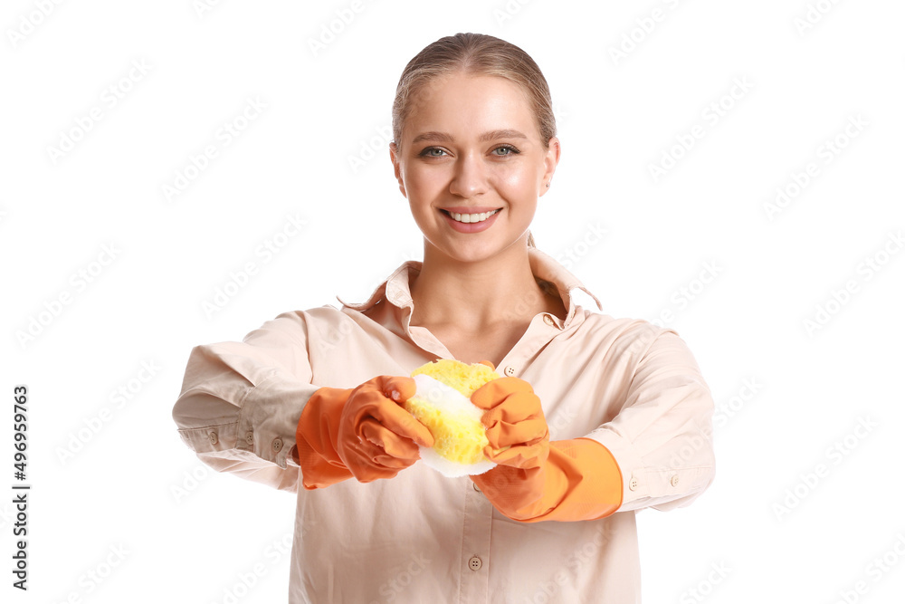 Young woman with sponge on white background Young woman with sponge on white background