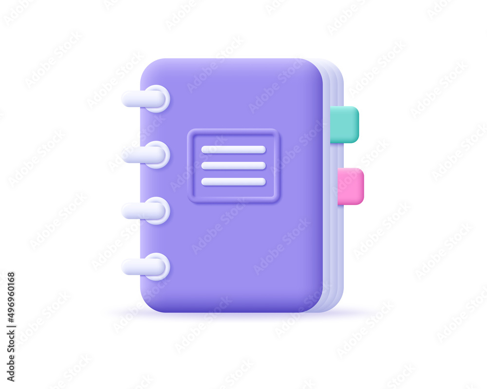 Fototapeta premium 3d icon notebook with stickers and notes for business. 3d office notepad for education and planning. Render copybook vector illustration