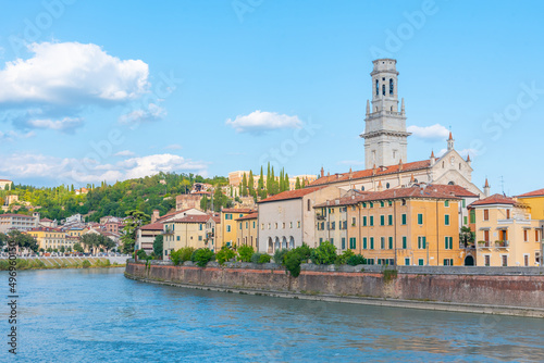 cathedral santa maria matricolare in the italian city verona reflecting on the adige river photo