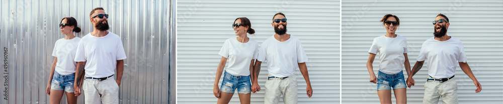Collage of photos with young smiling pretty happy cheerful positive couple in blank white t-shirts near color background on street. Mockup for design. Couple t-shirts Collage of photos with young smiling pretty happy cheerful positive couple in blank white t-shirts near color background on street. Mockup for design. Couple t-shirts