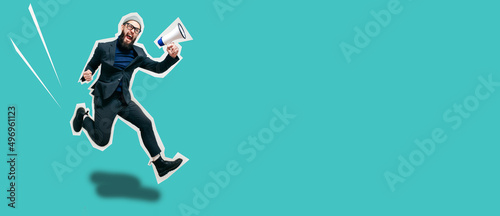Funny portrait of an emotional running in the air guy with a megaphone. Collage in magazine style. Crazy emotions. Discount, sale season. Information concept. Attention news!