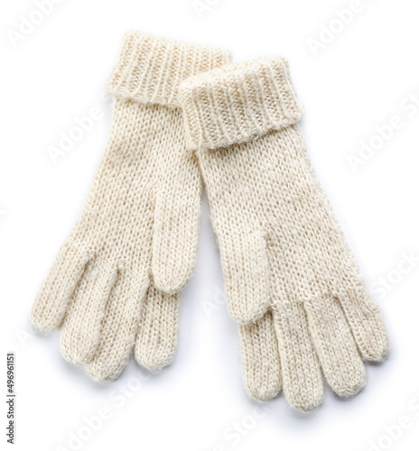 Warm knitted gloves on white background