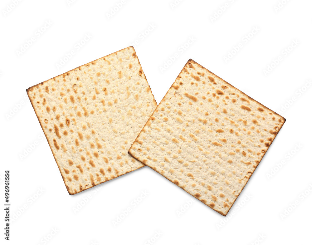 Jewish flatbread matza for Passover on white background, top view Jewish flatbread matza for Passover on white background, top view
