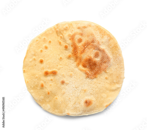 Round Jewish flatbread matza for Passover on white background