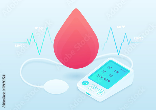 Blood pressure concept. Modern technologies for checking state of health. Medical inventory, diagnosis and choice of treatment method. Device for measuring pulse. Cartoon isometric vector illustration