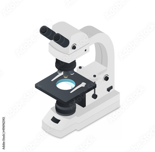 Microscope for research. Modern technologies for evaluation of cellular connections. Vaccine or drug development, hospital apparatus. Cartoon isometric vector illustration isolated on white background
