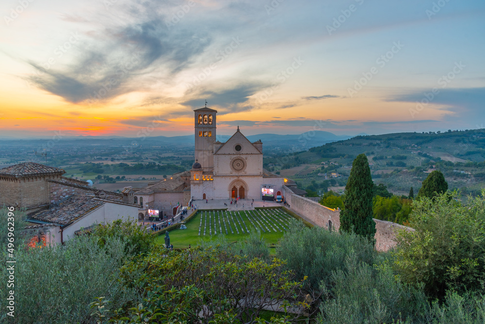 Sunset view of basilica of saint francis of Assisi, Italy - obrazy, fototapety, plakaty 