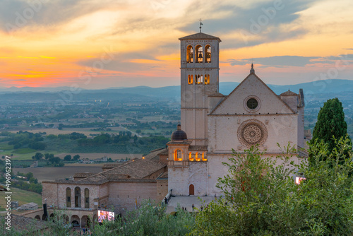Sunset view of basilica of saint francis of Assisi, Italy photo