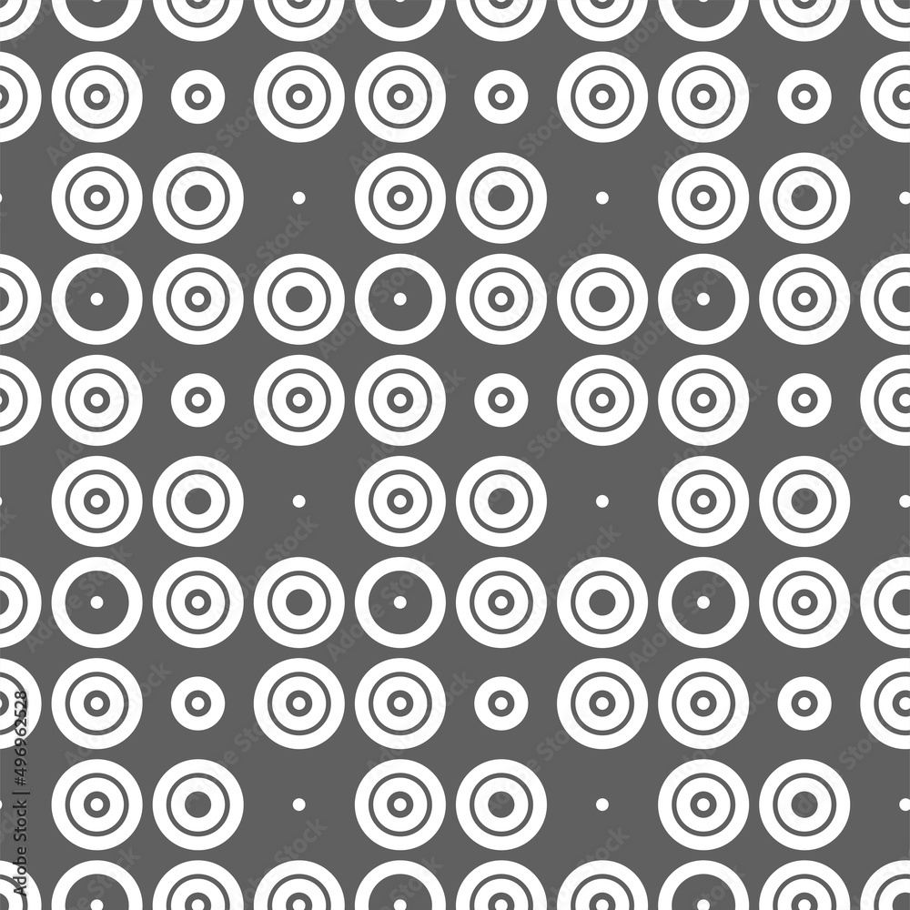 Vector illustration. Geometric seamless pattern. Solid dots and rhombus-shaped linear circles. Spotted gray and white background. Simple black and white abstract pattern.