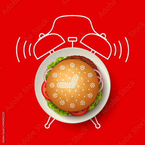Hamburger with clock face from sesame seeds and alarm clock silhouette