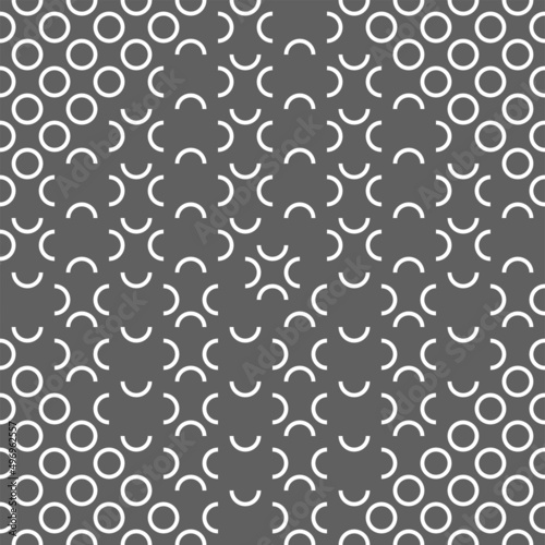 Vector illustration. Geometric seamless pattern. Contour circle and semicircle in the form of a rhombus. Spotted gray - white background. Simple abstract background with polka dots.