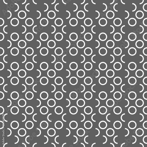 Vector illustration. Geometric seamless pattern. Contour circle and semicircle in the form of a rhombus. Spotted gray - white background. Simple abstract background with polka dots.
