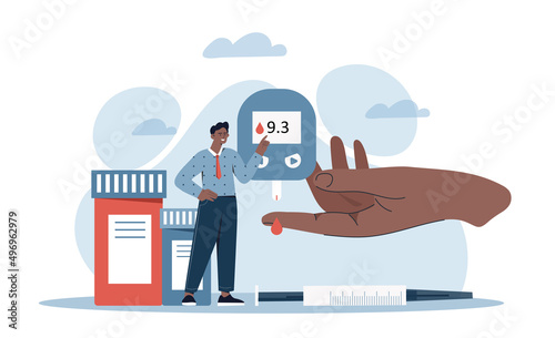 Concept of diabetes. Large hand holds device that shows amount of sugar in blood. Man takes care of health, making diagnosis and choosing method of treatment. Cartoon flat vector illustration