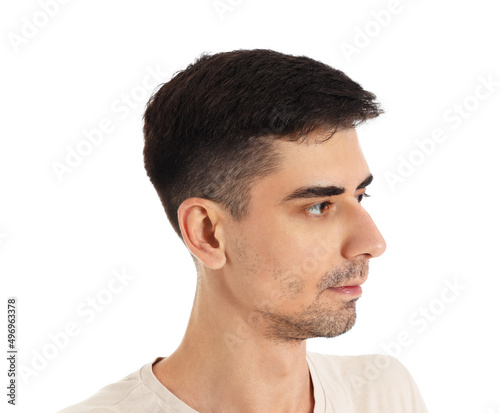 Handsome brunette man on white background, closeup