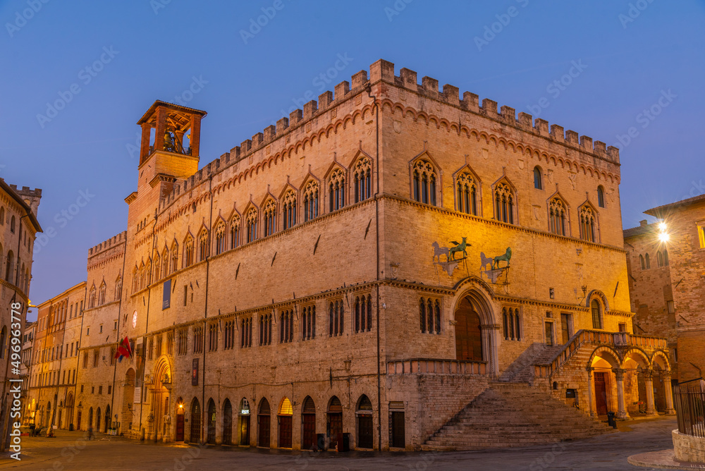 Sunrise over Palazzo dei Priori in the old town of Perugia in Italy