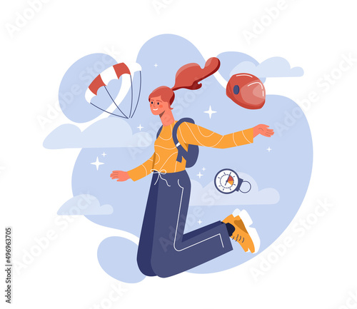 Skydiving parachuting concept. Young girl with parachute jumps from heaven  extreme sports and active lifestyle. Pressure measurement equipment  fearless woman. Cartoon flat vector illustration