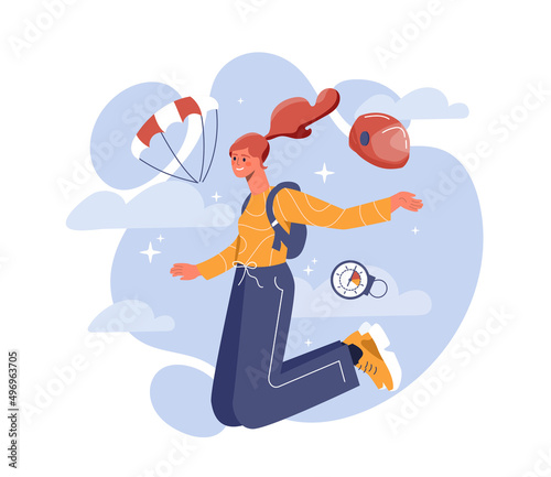 Skydiving parachuting concept. Young girl with parachute jumps from heaven, extreme sports and active lifestyle. Pressure measurement equipment, fearless woman. Cartoon flat vector illustration