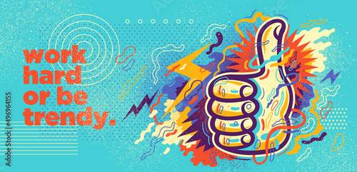 Abstract lifestyle illustration with thumb up and colorful splashing shapes. Vector illustration.
