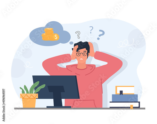 Financial problem concept. Man in front of computer holds his head. Difficulties with money and poverty. Employee worries about dismissal, crisis and drop in income. Cartoon flat vector illustration