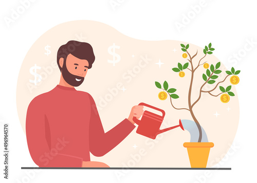 Man with watering can. Character watering money tree, metaphor for successful investor or businessman. Entrepreneur develops start up, income increase concept. Cartoon flat vector illustration