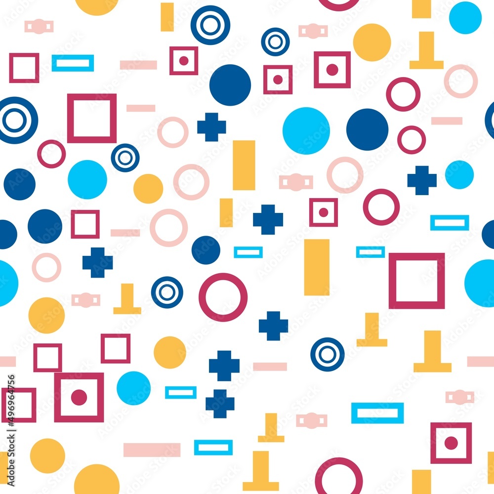 Avant-garde geometric seamless pattern on white with colorful shapes. Avant-garde geometric seamless pattern on white with colorful shapes.