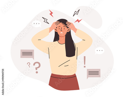 Sad woman concept. Young girl puts her hands behind her head, negative emotions, stress and panic. Failure at work or in personal life, failure. Fury and anger. Cartoon flat vector illustration