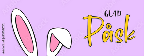 Swedish text Glad påsk. Happy Easter lettering, bunny ears and background. Vector	