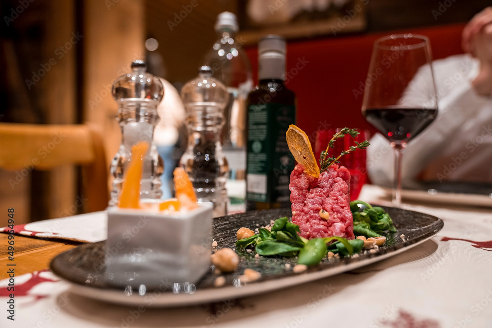 Close-up of meal served in dish. Delicious food arranged on dining table. Dinner is ready in resort. Close-up of meal served in dish. Delicious food arranged on dining table. Dinner is ready in resort.