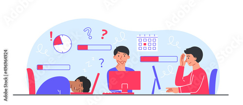Bored people at work. Men with different energy levels at tables with computers and gadgets. Tired colleagues, overworked employees. Poor time management concept. Cartoon flat vector illustration