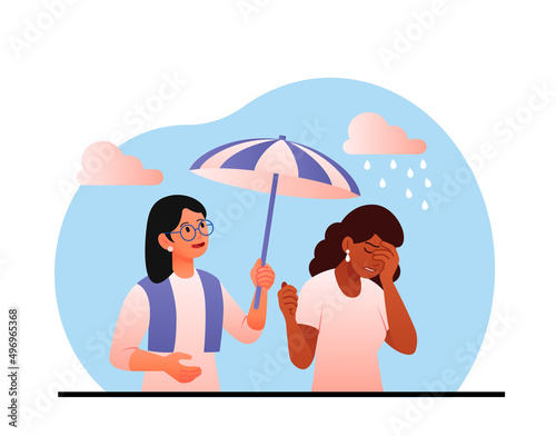Mental health concept. Girl holds umbrella over her friend, protecting from rain. Rainfall and bad weather. Psychological problems, help and support, sad woman. Cartoon flat vector illustration