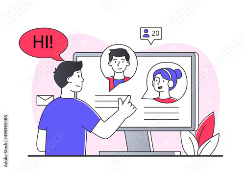 Social networks concept. Man greets girl, character in front of computer monitor, communication on Internet. Messengers and online chats, modern technologies. Cartoon flat vector illustration