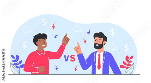 Two competitors arguing. Men point fingers at each other, negative emotions. Political debate and serious discussion. Boss and subordinate discussing finances. Cartoon flat vector illustration