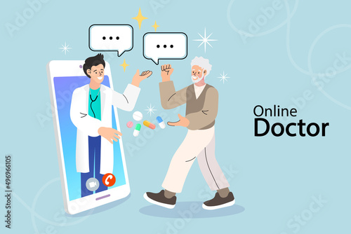 Telemedicine for seniors and geriatric online care. An elderly patient has a virtual medical consultation with a doctor on a smartphone. Vector concept for Telehealth, home healthcare, e-prescription.