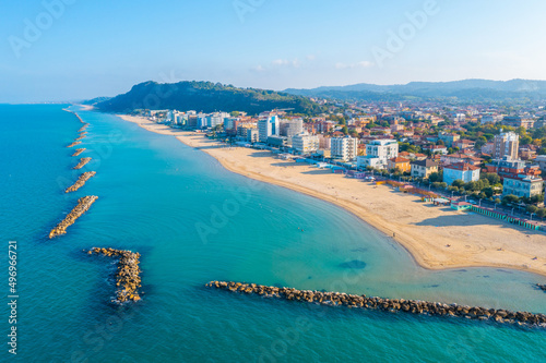 Aerial view of the beach in Italian town Pesaro
